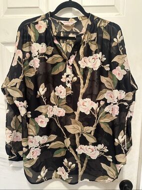 Vintage 70s Elles Belles Sheer Knit Black and Pink Floral Blouse